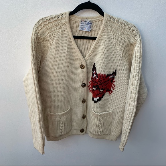 caldwell Sweaters - Vintage Caldwell Knit Cardigan Equestrian Horse Jump Fox Canadian Pure Wool 50s